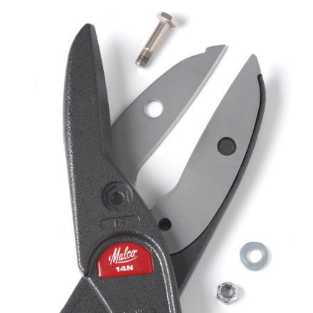 Cutting tip of Malco's black MC14N Snip with laid out replacement blade and screws