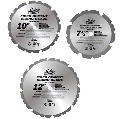 7, 10, and 12 inch Malco Fiber Cement Saw Blades besides each other
