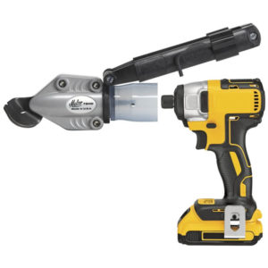 Malco's TSHD Sheet Metal Cutting Tool Attached to a yellow impact drill.