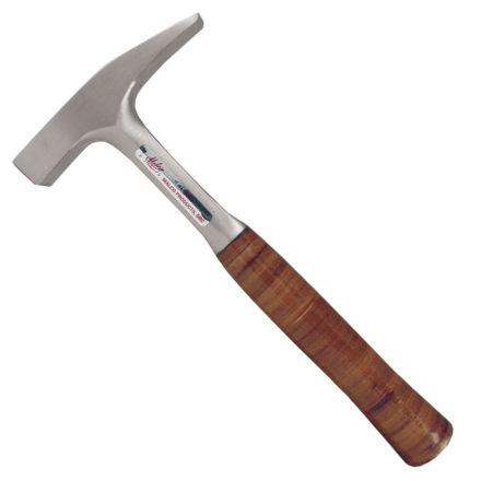Malco's Sheet Metal Setting Hammer with a tan brown leather grip