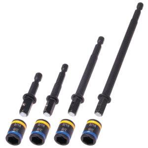 Four different sizes Malco C-RHEX Drivers with a 5/16" and 3/8" hex head