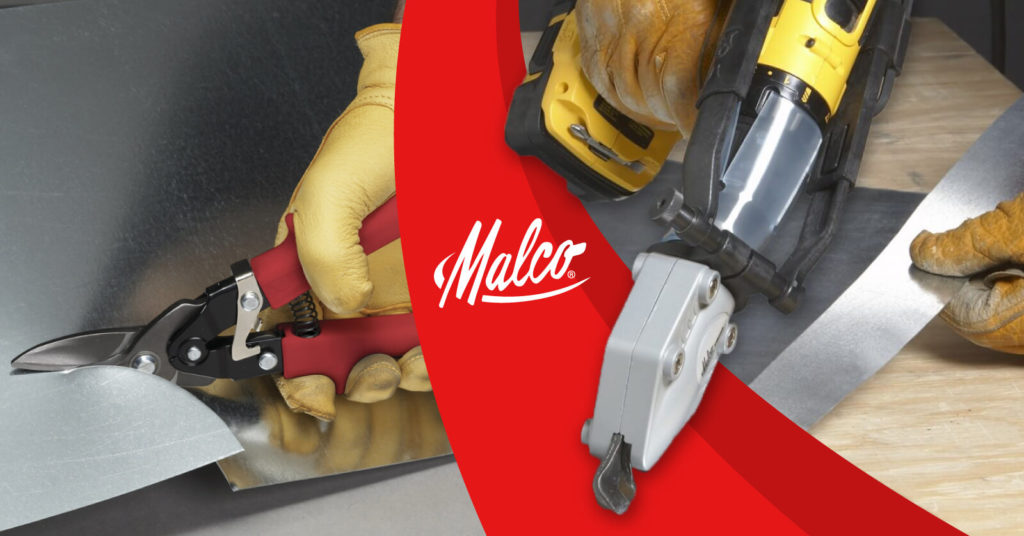 Image of a worker cutting sheet metal with a Malco Snips on the left and on the right another worker cutting sheet metal with Malco's TSHD TurboShear