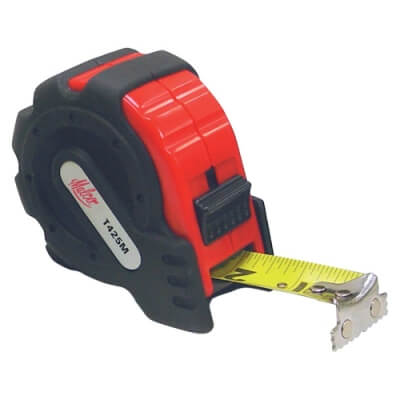 A Malco measuring tape with the yellow tape protruding out