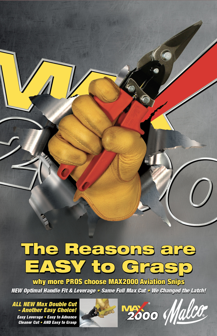 Poster showing person bursting through sheet metal with Malco's Max2000 Aviation Snip